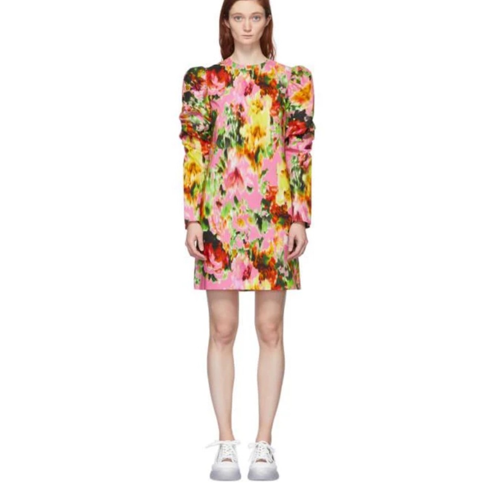 MSGM Pink/Multicolor Vibrant Cotton Floral‎ Ruched Long Sleeve Dress NWOT 38/XS